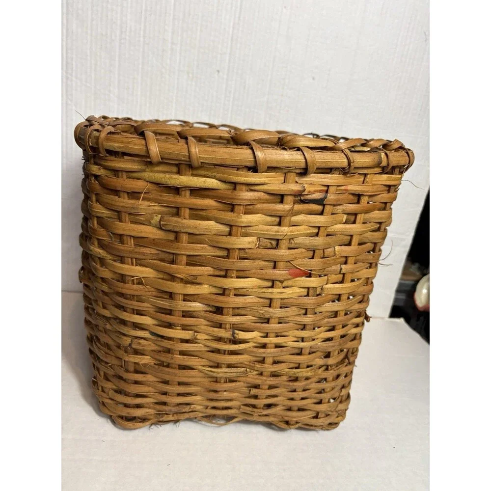 Vintage Handmade Wicker Basket Square Storage Bin Primitive Farmhouse Boho